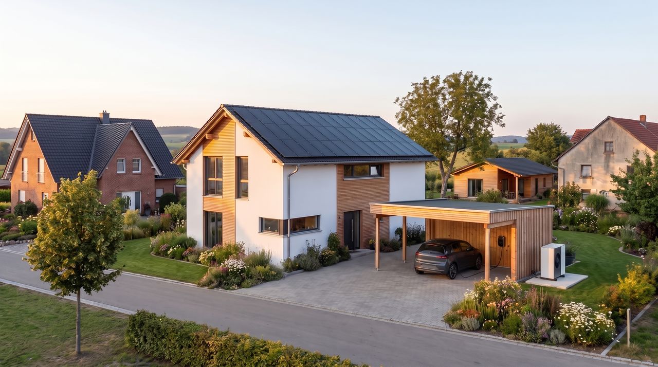 Illustration eines modernen Hauses im Abendlicht: Solarmodule auf dem Dach, eine Wärmepumpe an der Seitenwand, ein Heimspeicher an der Terrasse und ein Elektroauto im Carport.